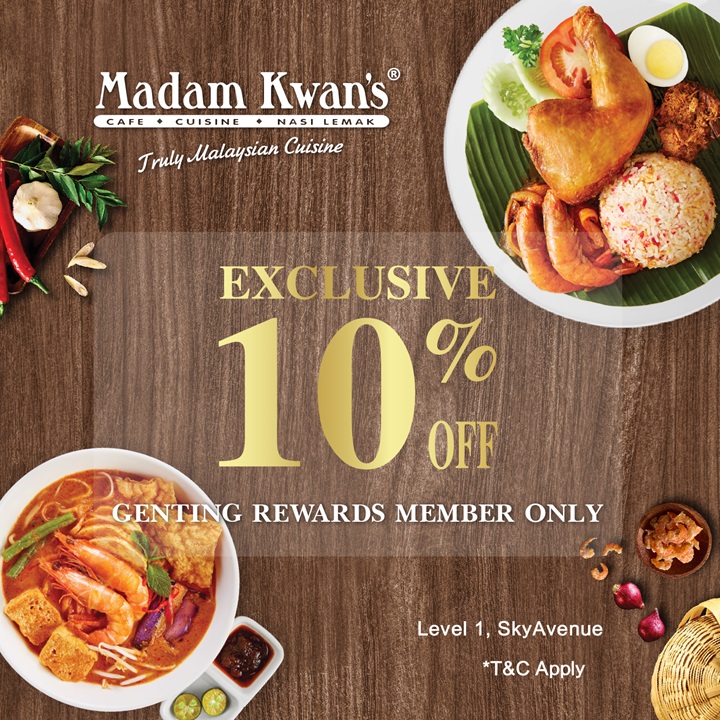 10% off for all dishes at Madam Kwan's SkyAvenue