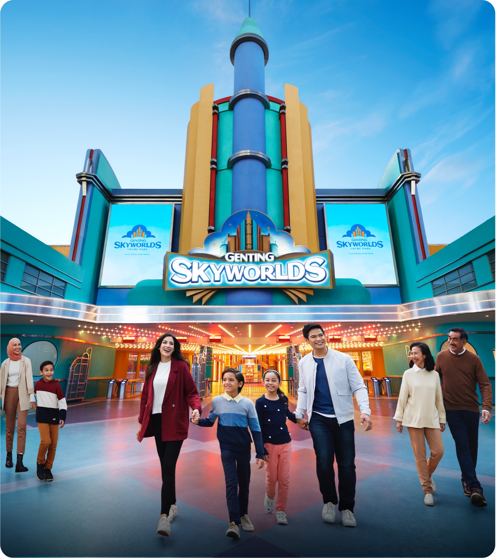 family standing in front of Genting SkyWorlds Theme Park entrance